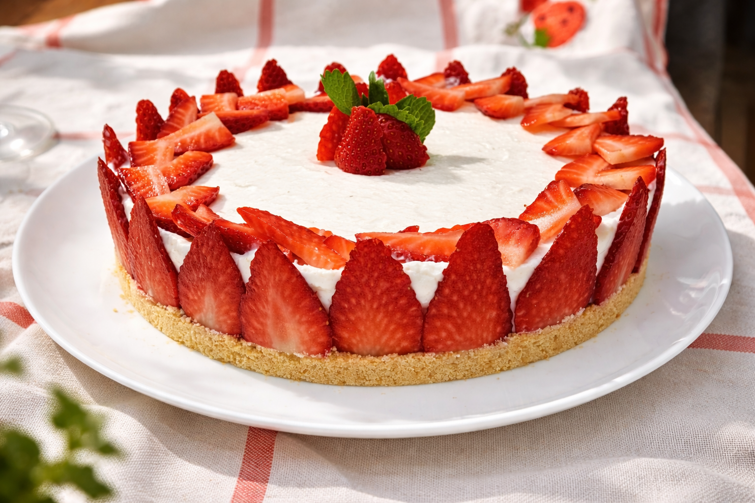 Cheesecake alle fragole intera con bordo di fragole fresche