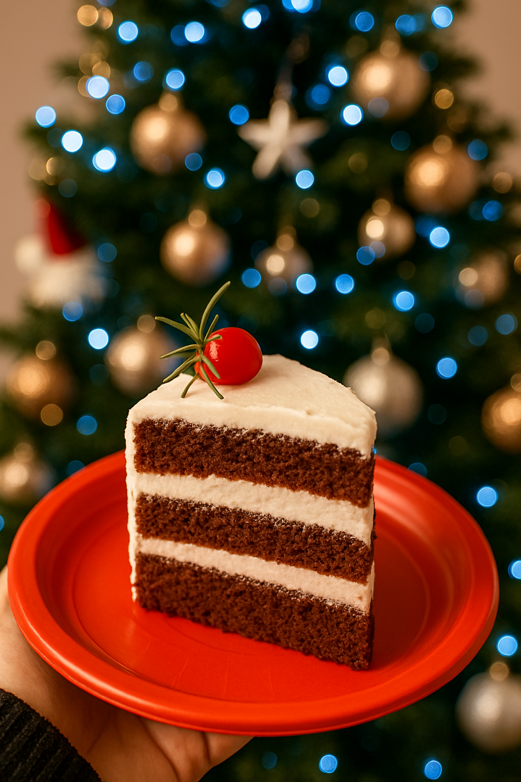 Fetta di Red Velvet Cake decorata su piatto rosso